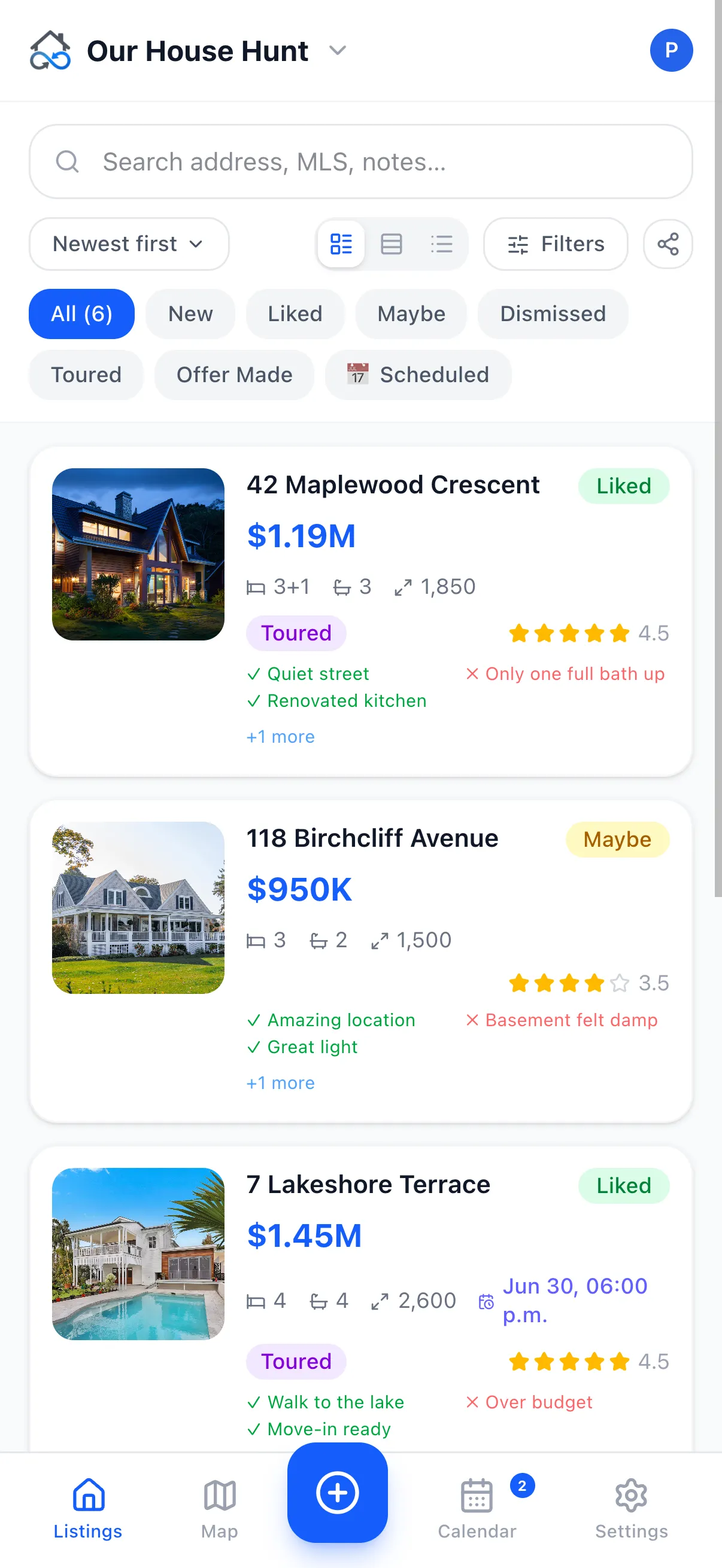 HomeSynk shared listings board with photos, prices and ratings