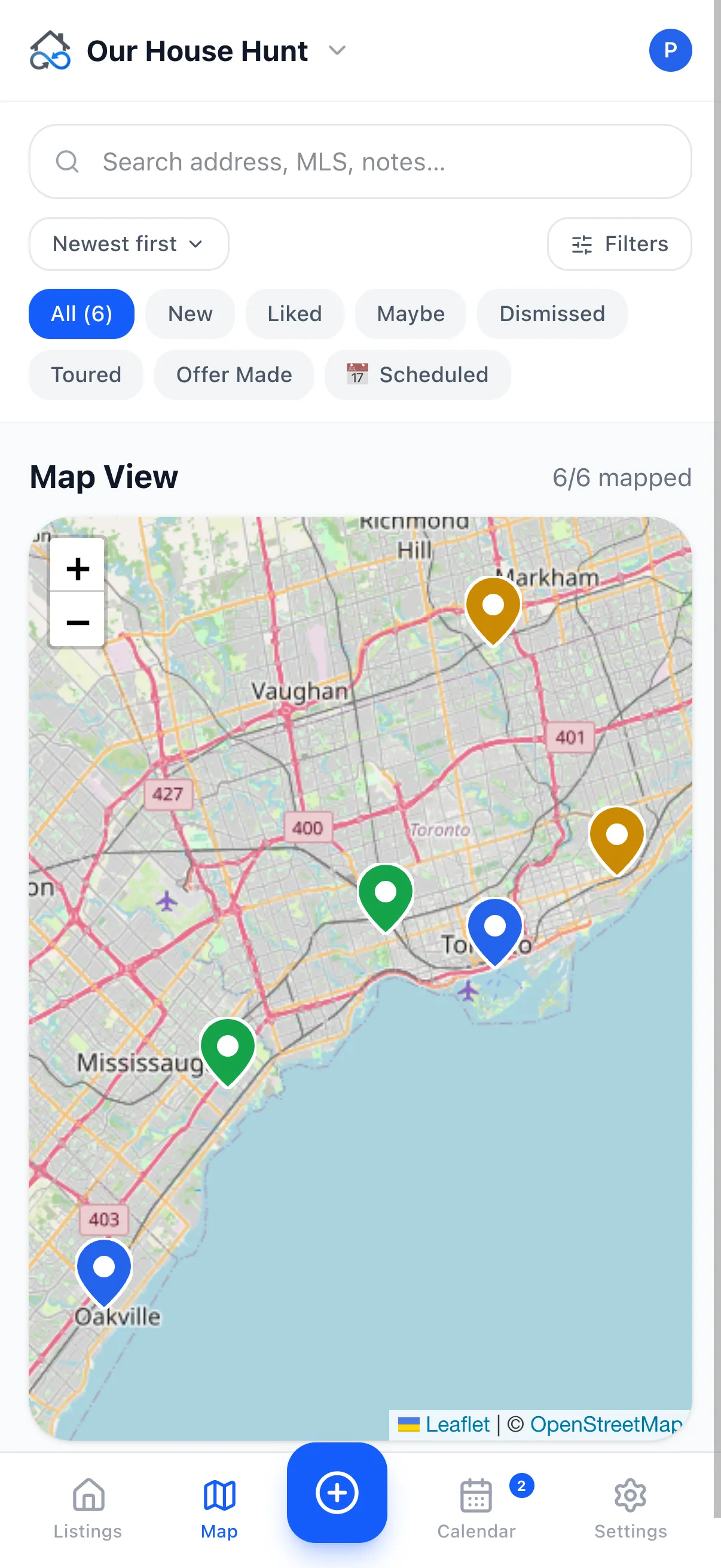 HomeSynk map view with colour-coded listing pins across the GTA